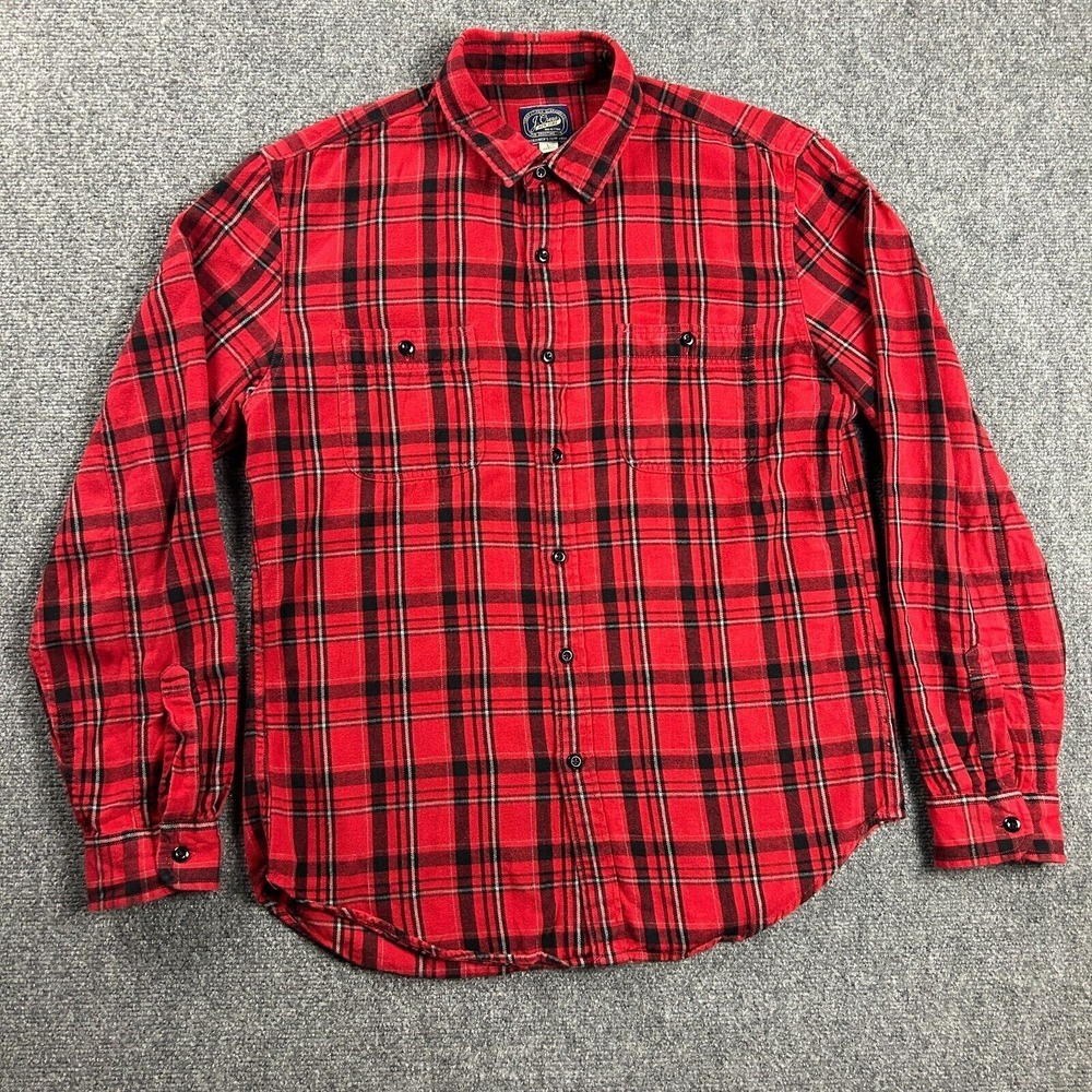J Crew Flannel Shirt Mens Large Red Plaid Button Up Double Pockets Casual Adults